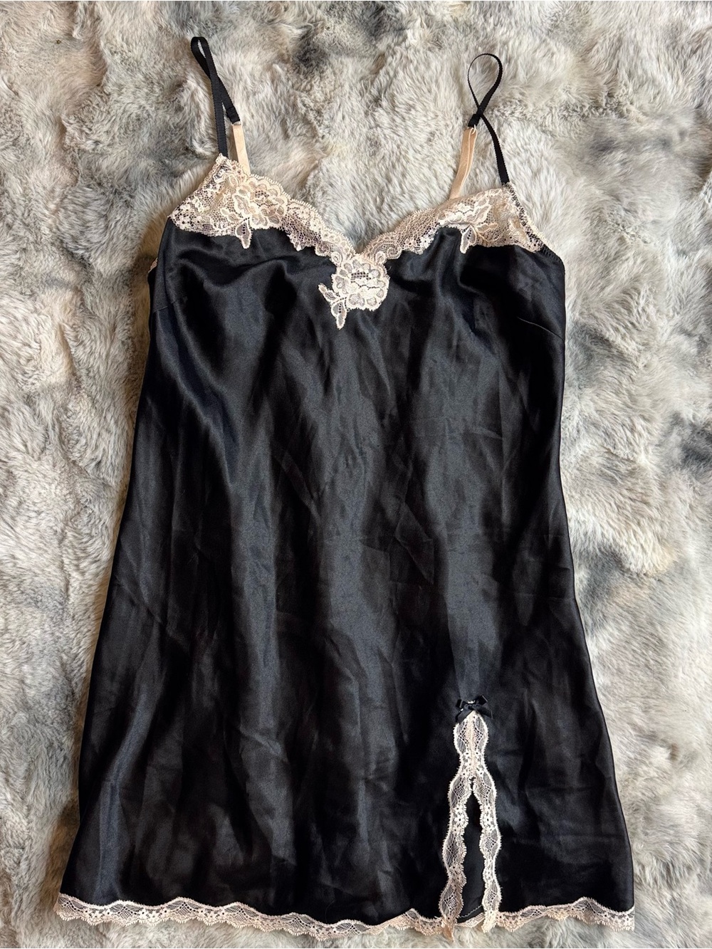 Victoria’s Secret Black Satin Slip Dress Champagne Lace Side Slit Bow M/M